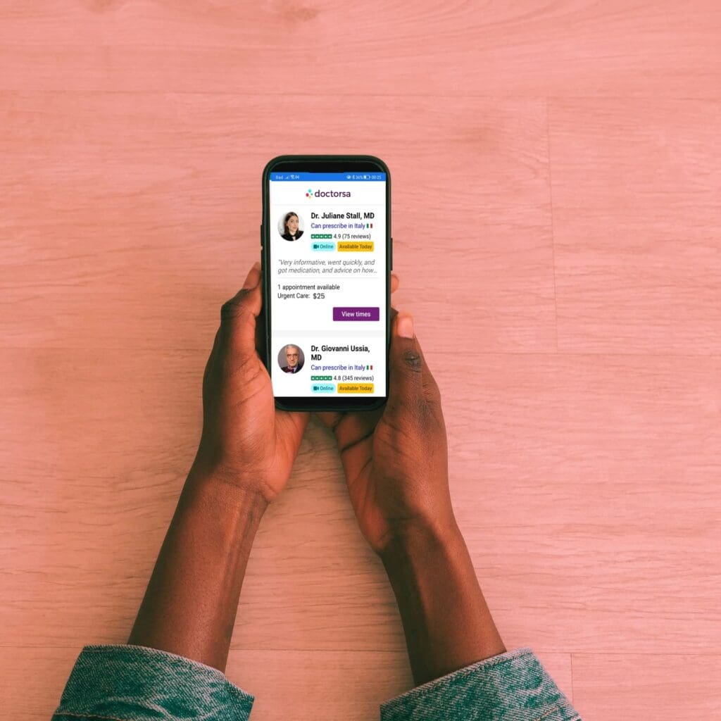 A traveler experiencing UTI symptoms uses Doctorsa's online platform to quickly find a doctor, saving her vacation plans.