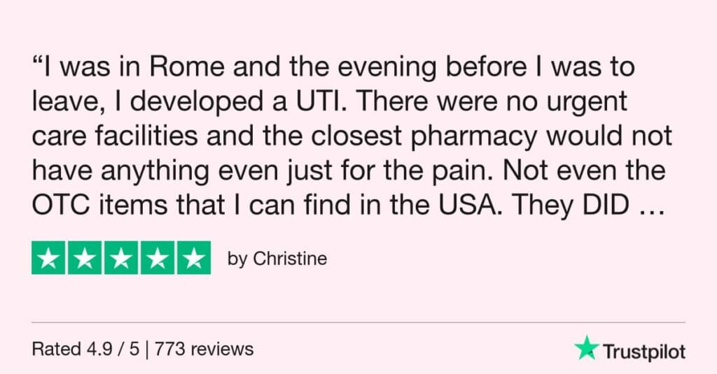 Trustpilot review from a traveler in Rome, Italy, who used Doctorsa to find a UTI doctor in Rome and quickly get a prescription for their Urinary Tract Infection (UTI).