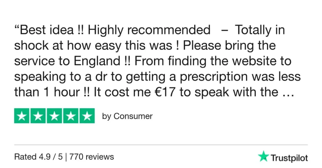 Trustpilot review - someone used Doctorsa to see an online doctor while on holiday in Britain