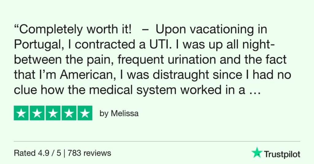 Trustpilot review from a traveler in Lisbon, Portugal, who used Doctorsa to find a UTI doctor in Lisbon and quickly get a prescription for their Urinary Tract Infection (UTI).