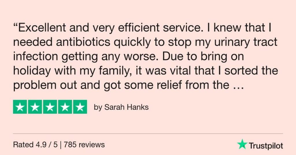 Trustpilot review from a traveler in Cancun, Mexico, who used Doctorsa to find a UTI doctor in Cancun and quickly get a prescription for their urinary tract infection.