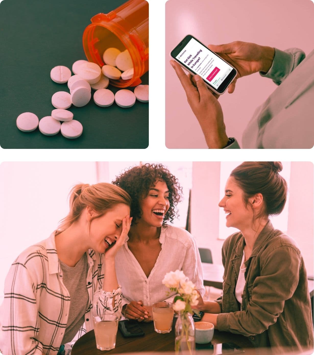 A collage showing UTI medication, a smartphone displaying Doctorsa homepage, and a group of young women laughing together over drinks. The image represents a seamless experience of finding a UTI doctor in Barcelona through a telehealth consultation, receiving a prescription for medicine, and getting back to enjoying the trip with friends.