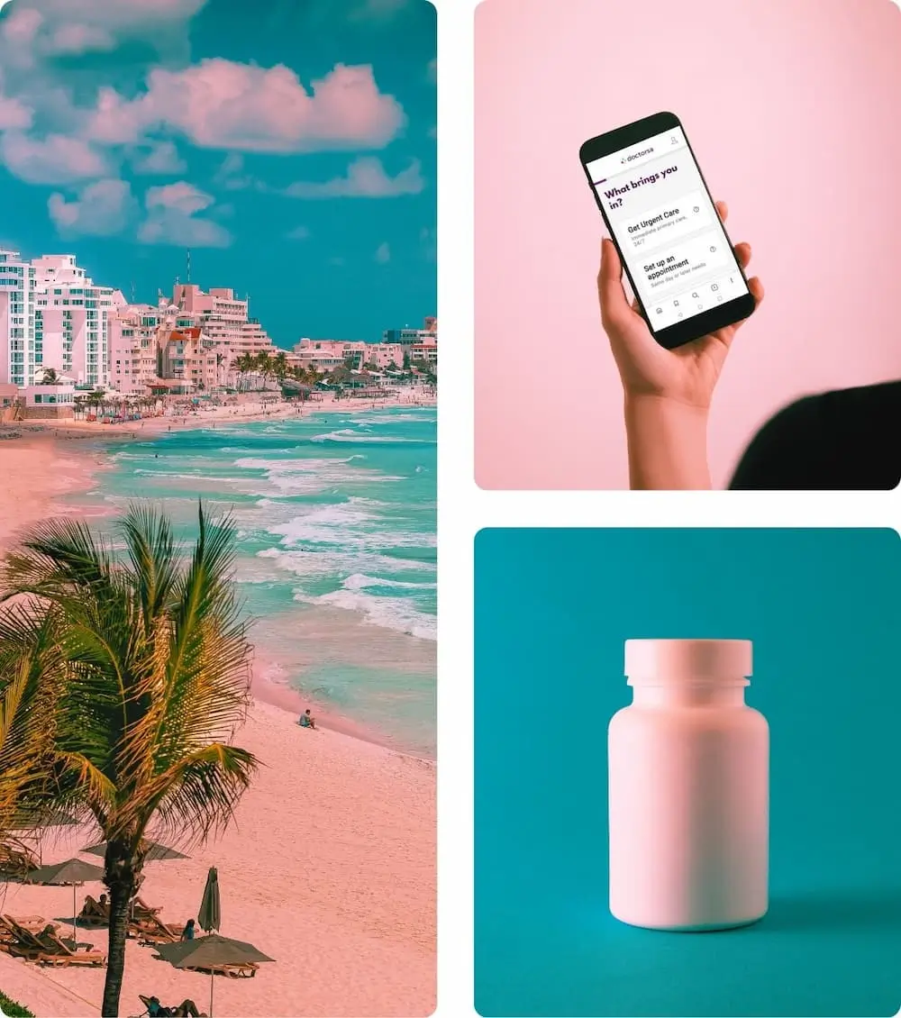 A collage showing UTI medication, a smartphone displaying Doctorsa intake form, and a beach with palm trees and buildings in the background. The image represents a seamless experience of finding a UTI doctor in Cancun through a telehealth consultation, receiving a prescription for medicine, and getting back to enjoying the trip with friends.