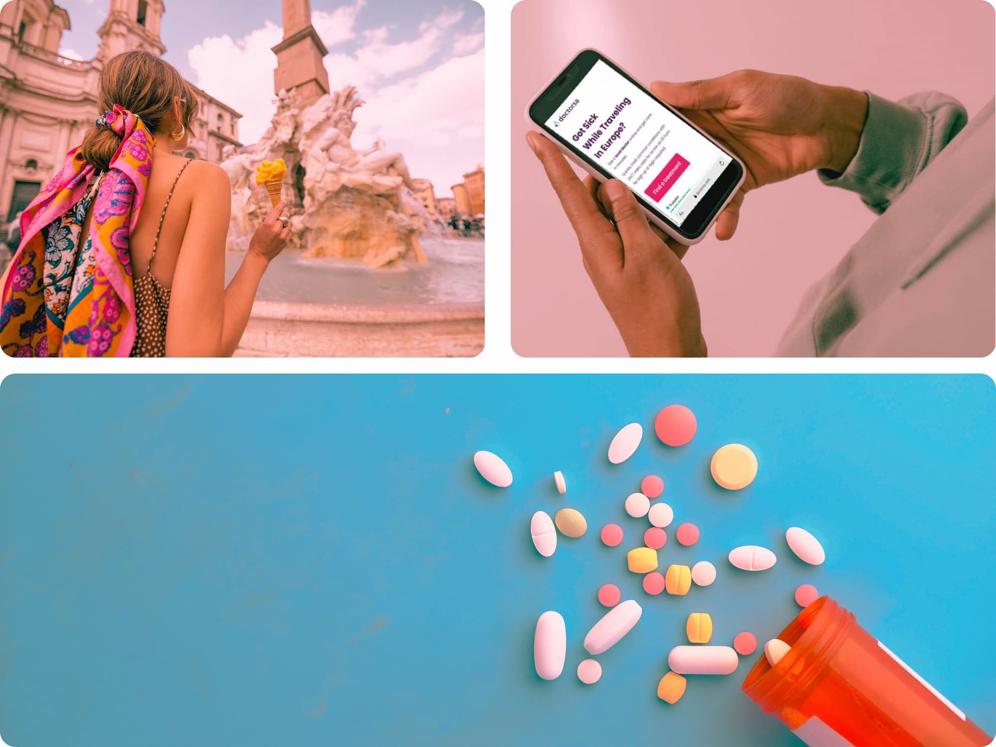 A collage of three pictures. Healthy female traveler enjoying her vacation in Rome, Italy. Someone holding a mobile phone while using the website Doctorsa to find a doctor. A bunch of colored pills.