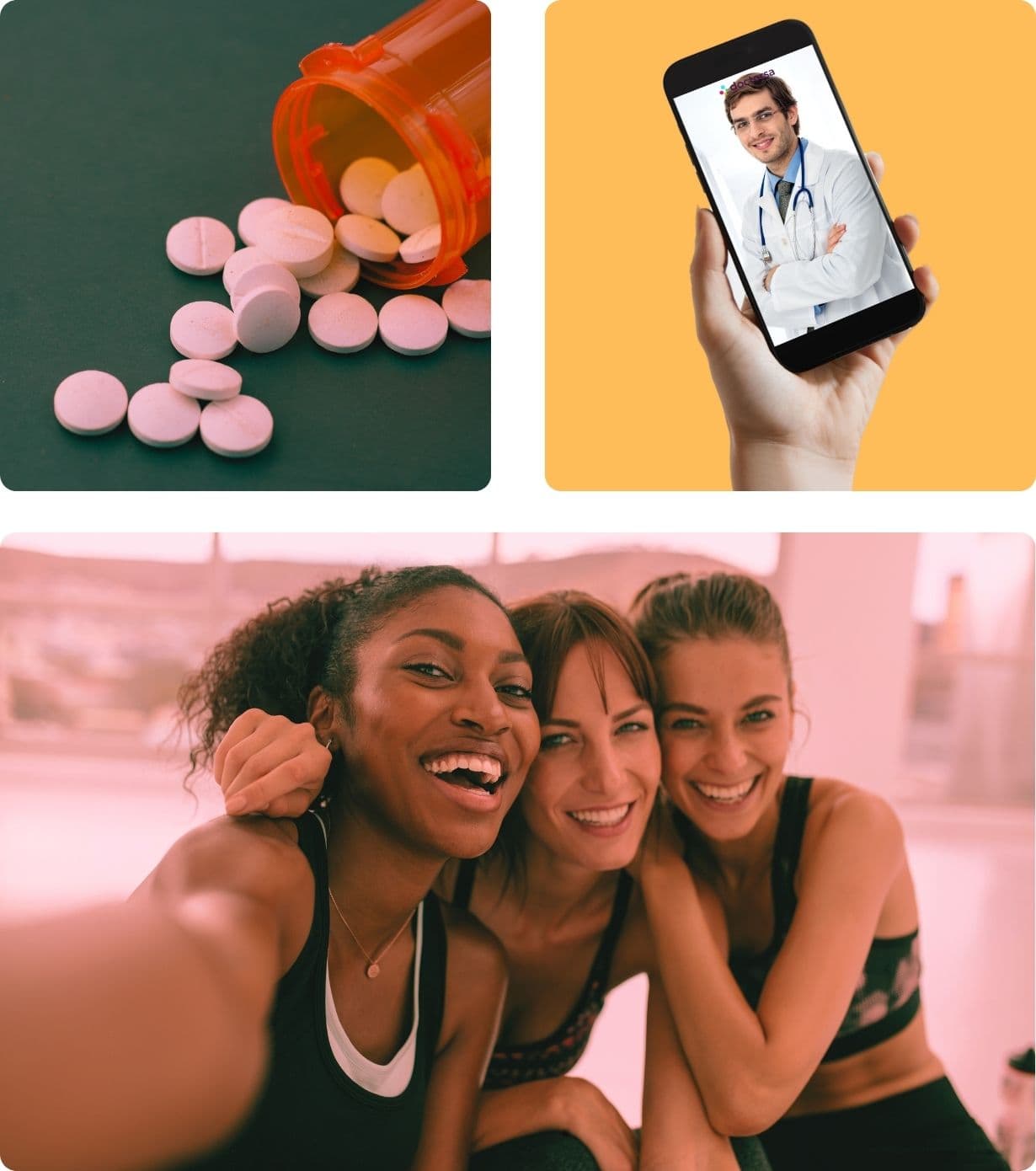 Image depicting elements of online healthcare services, including a phone consultation with a doctor, medication, and a group of smiling individuals. Ideal representation for rosacea treatment online, emphasizing accessible, convenient care and a supportive health experience.