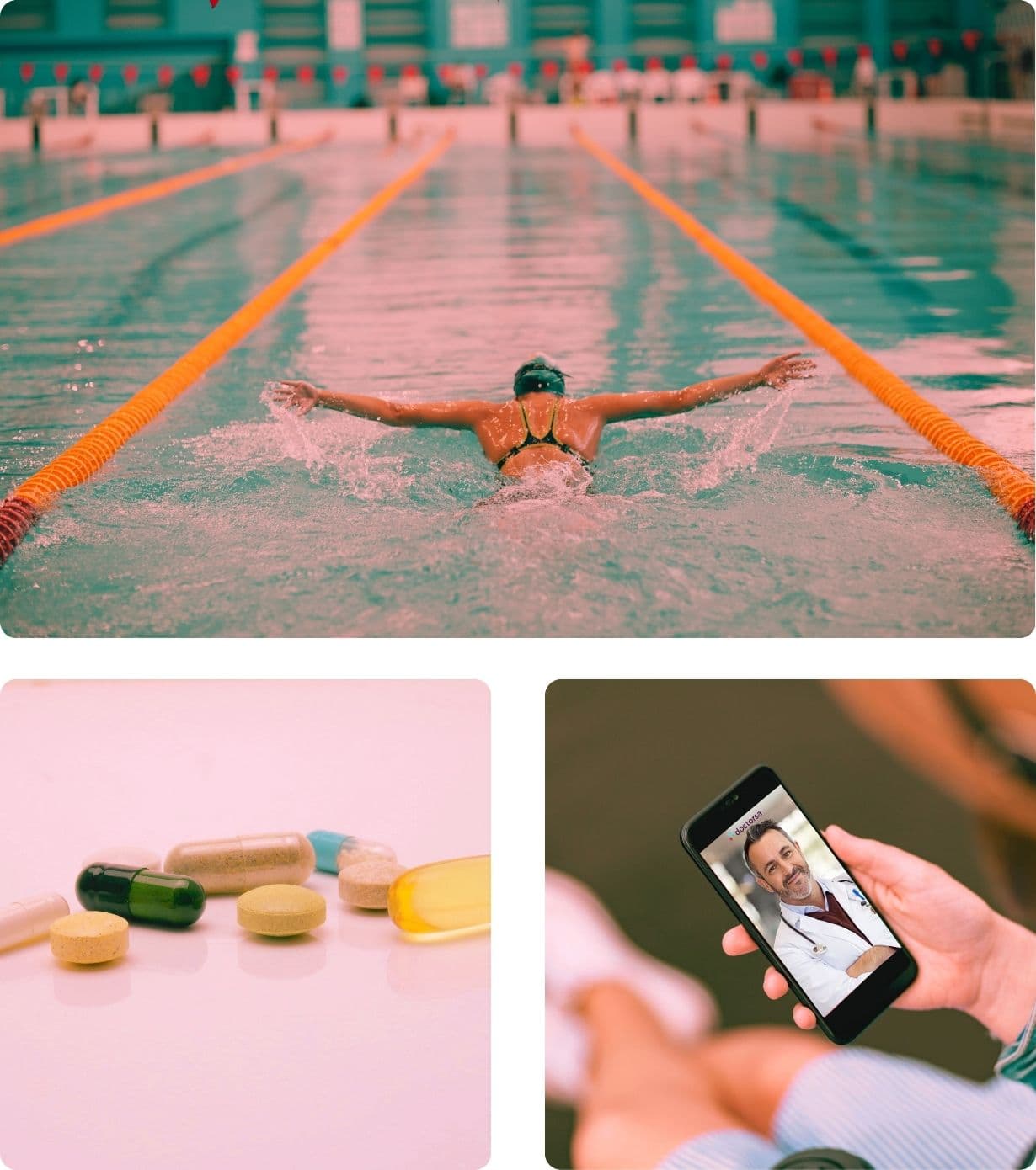 Collage depicting healthcare and remote consultation options: a swimmer practicing in a pool, symbolizing the context of swimmer's ear, a selection of medications representing swimmer's ear treatment, and a smartphone showing a doctor on a video call through the Doctorsa platform, highlighting the convenience of swimmer's ear treatment online.