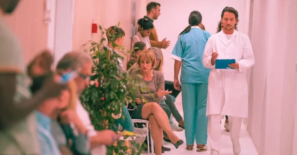 A crowded emergency room hallway with patients waiting and medical staff walking by, highlighting the contrast between long ER waiting times and the convenience of telemedicine services.